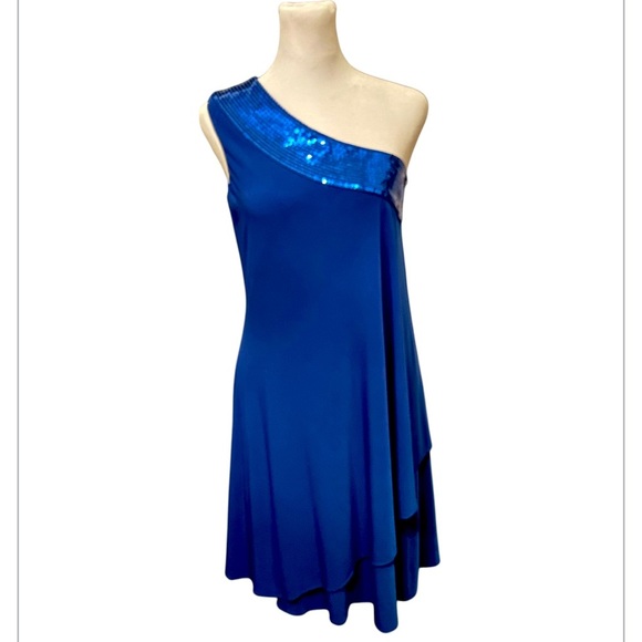 Calvin Klein Royal Blue One Shoulder Sequin Detail Cocktail Trapeze Dress Sz 4 - Picture 2 of 11